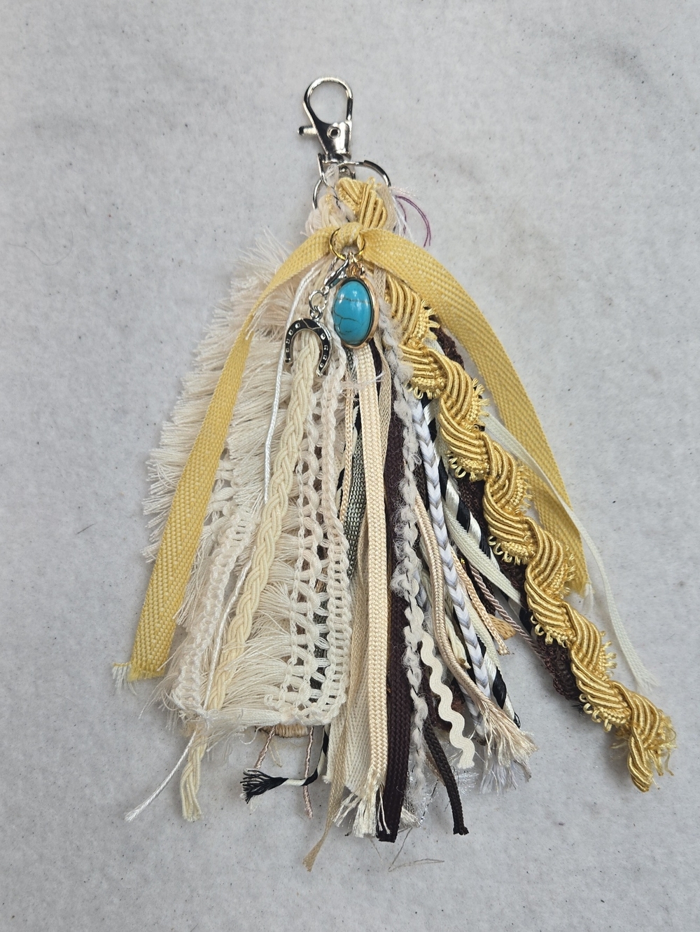 Handmade Tassel Keychain with Turquoise Accent - Yellow & Cream
